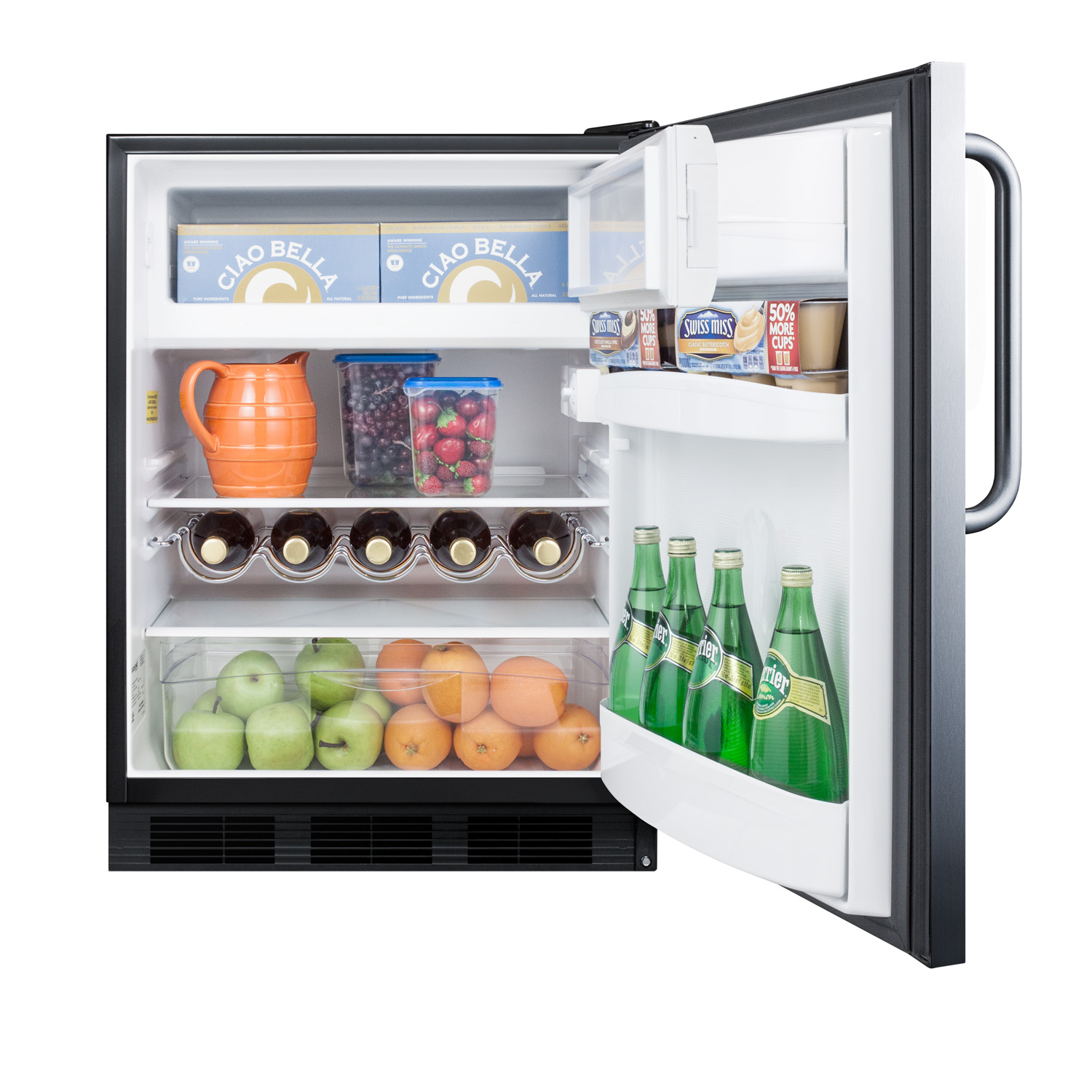 ADA compliant built-in undercounter refrigerator-freezer for residential use, cycle defrost w/deluxe interior, SS door, TB handle, and black cabinet